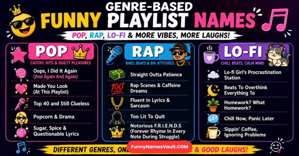 Genre-Based Funny Playlist Names (Pop, Rap, Lo-fi)